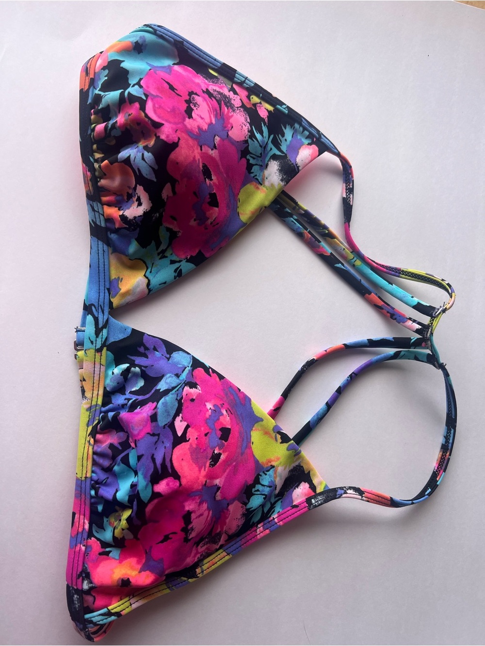 Xhilaration Neon Pink Floral Trim Bikini Top